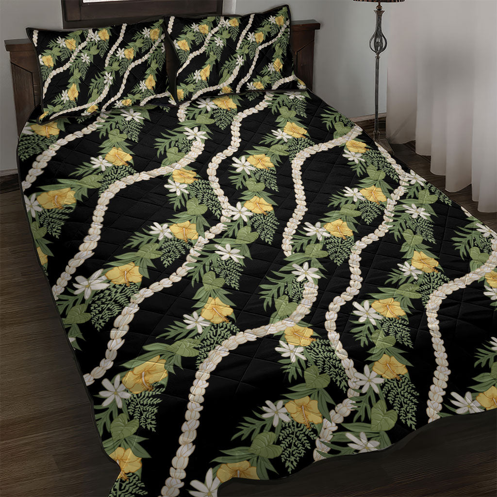 Hawaiian Pikake Maile Lei Quilt Bed Set Tiare Hibiscus Kalo Palapalai Leaf Black LT19 Black - Polynesian Pride