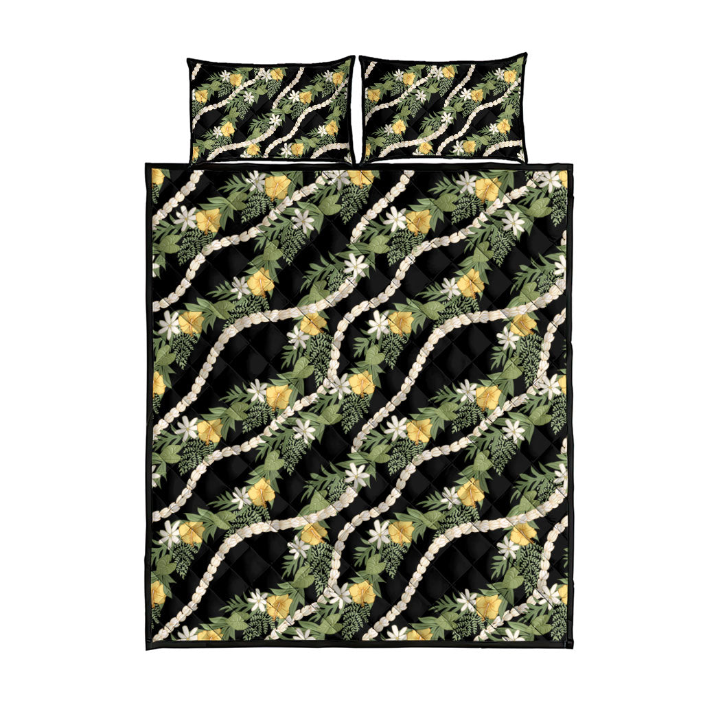 Hawaiian Pikake Maile Lei Quilt Bed Set Tiare Hibiscus Kalo Palapalai Leaf Black LT19 - Polynesian Pride