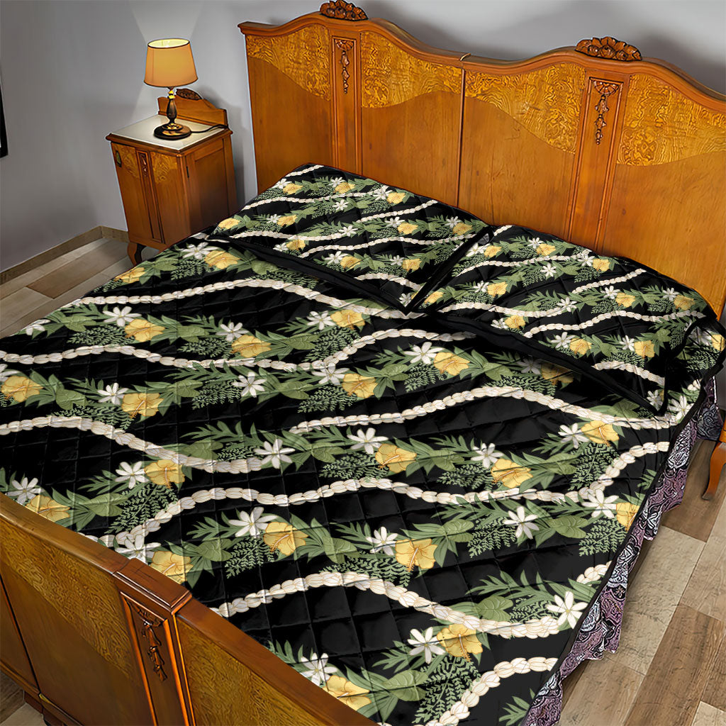 Hawaiian Pikake Maile Lei Quilt Bed Set Tiare Hibiscus Kalo Palapalai Leaf Black LT19 - Polynesian Pride