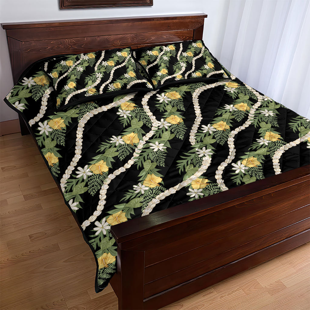 Hawaiian Pikake Maile Lei Quilt Bed Set Tiare Hibiscus Kalo Palapalai Leaf Black LT19 - Polynesian Pride
