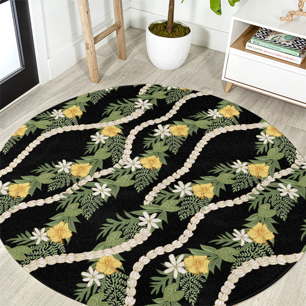 Hawaiian Pikake Maile Lei Round Carpet Tiare Hibiscus Kalo Palapalai Leaf Black LT19 Black - Polynesian Pride