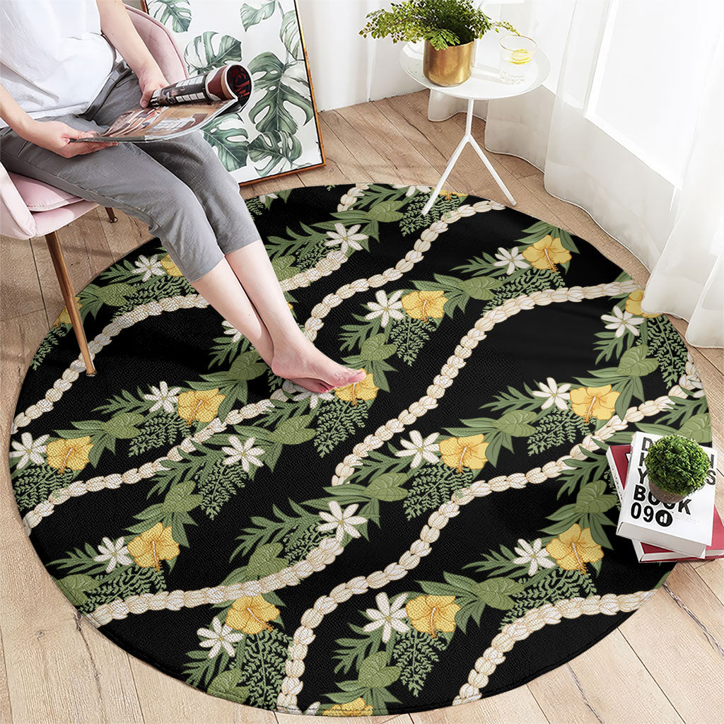 Hawaiian Pikake Maile Lei Round Carpet Tiare Hibiscus Kalo Palapalai Leaf Black LT19 - Polynesian Pride