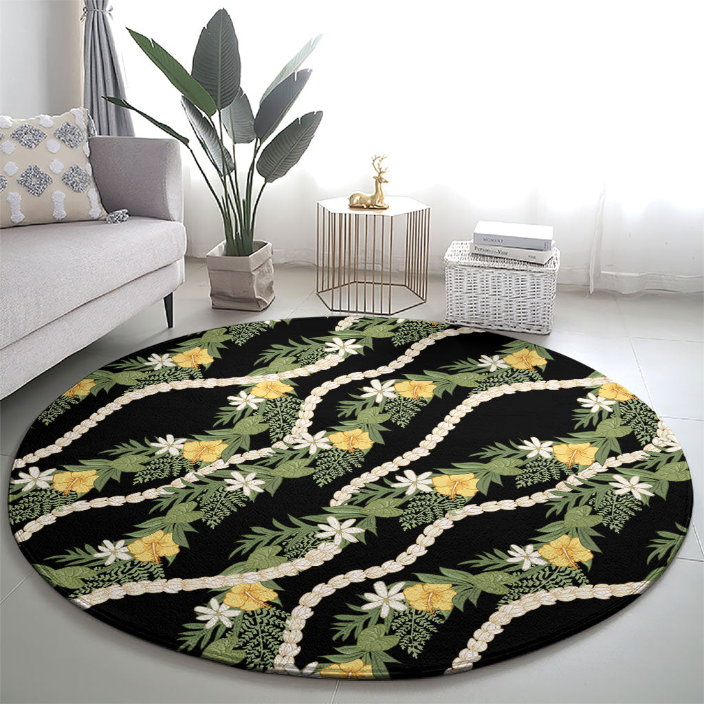 Hawaiian Pikake Maile Lei Round Carpet Tiare Hibiscus Kalo Palapalai Leaf Black LT19 - Polynesian Pride