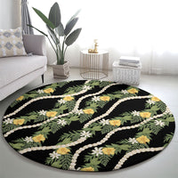 Hawaiian Pikake Maile Lei Round Carpet Tiare Hibiscus Kalo Palapalai Leaf Black LT19 - Polynesian Pride