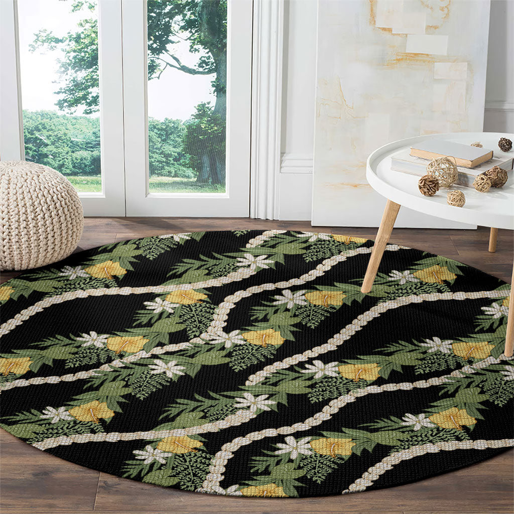 Hawaiian Pikake Maile Lei Round Carpet Tiare Hibiscus Kalo Palapalai Leaf Black LT19 - Polynesian Pride
