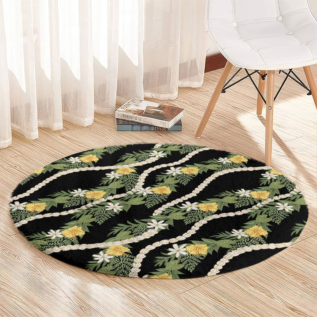 Hawaiian Pikake Maile Lei Round Carpet Tiare Hibiscus Kalo Palapalai Leaf Black LT19 - Polynesian Pride