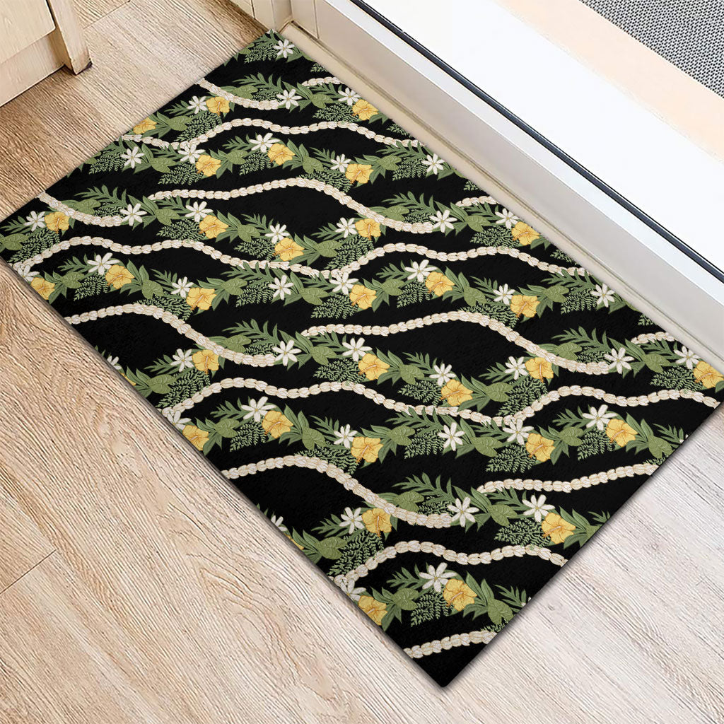 Hawaiian Pikake Maile Lei Rubber Doormat Tiare Hibiscus Kalo Palapalai Leaf Black LT19 - Polynesian Pride