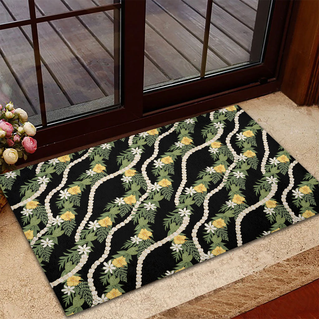Hawaiian Pikake Maile Lei Rubber Doormat Tiare Hibiscus Kalo Palapalai Leaf Black LT19 - Polynesian Pride