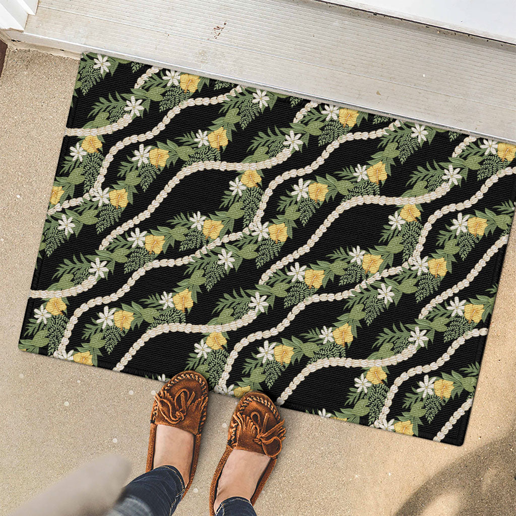 Hawaiian Pikake Maile Lei Rubber Doormat Tiare Hibiscus Kalo Palapalai Leaf Black LT19 - Polynesian Pride