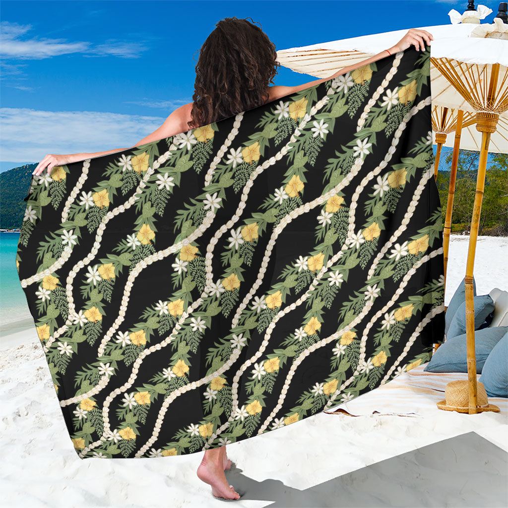 Hawaiian Pikake Maile Lei Sarong Tiare Hibiscus Kalo Palapalai Leaf Black LT19 One Size 44 x 66 inches Black - Polynesian Pride