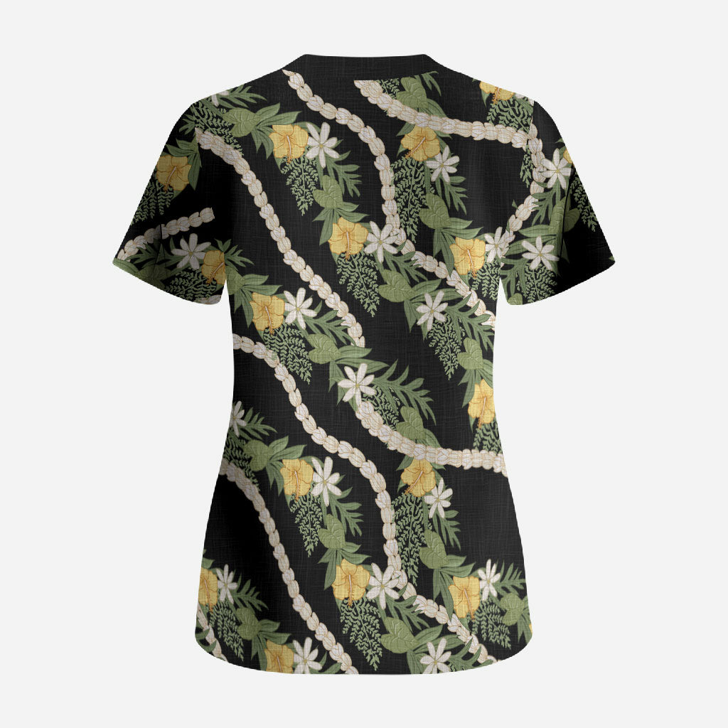 Hawaiian Pikake Maile Lei Scrub Top Tiare Hibiscus Kalo Palapalai Leaf Black LT19 - Polynesian Pride