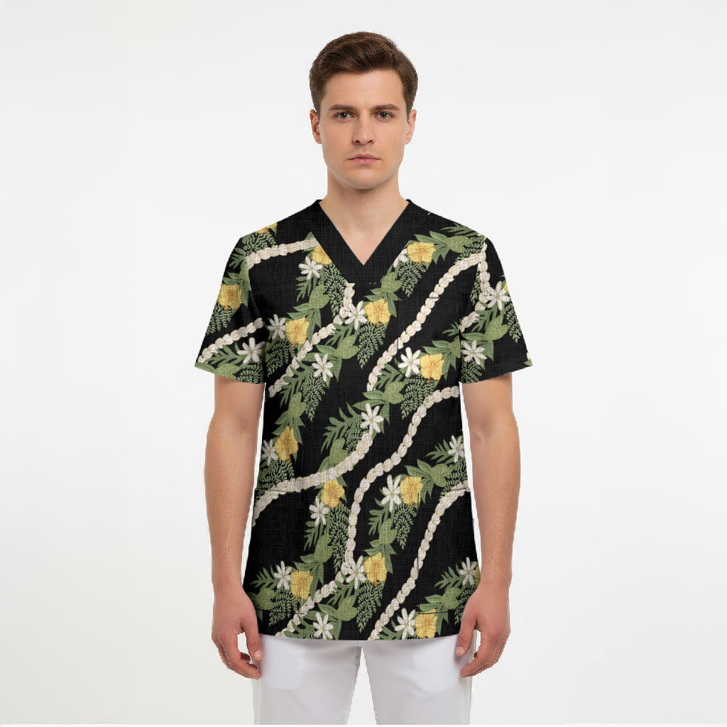Hawaiian Pikake Maile Lei Scrub Top Tiare Hibiscus Kalo Palapalai Leaf Black LT19 - Polynesian Pride