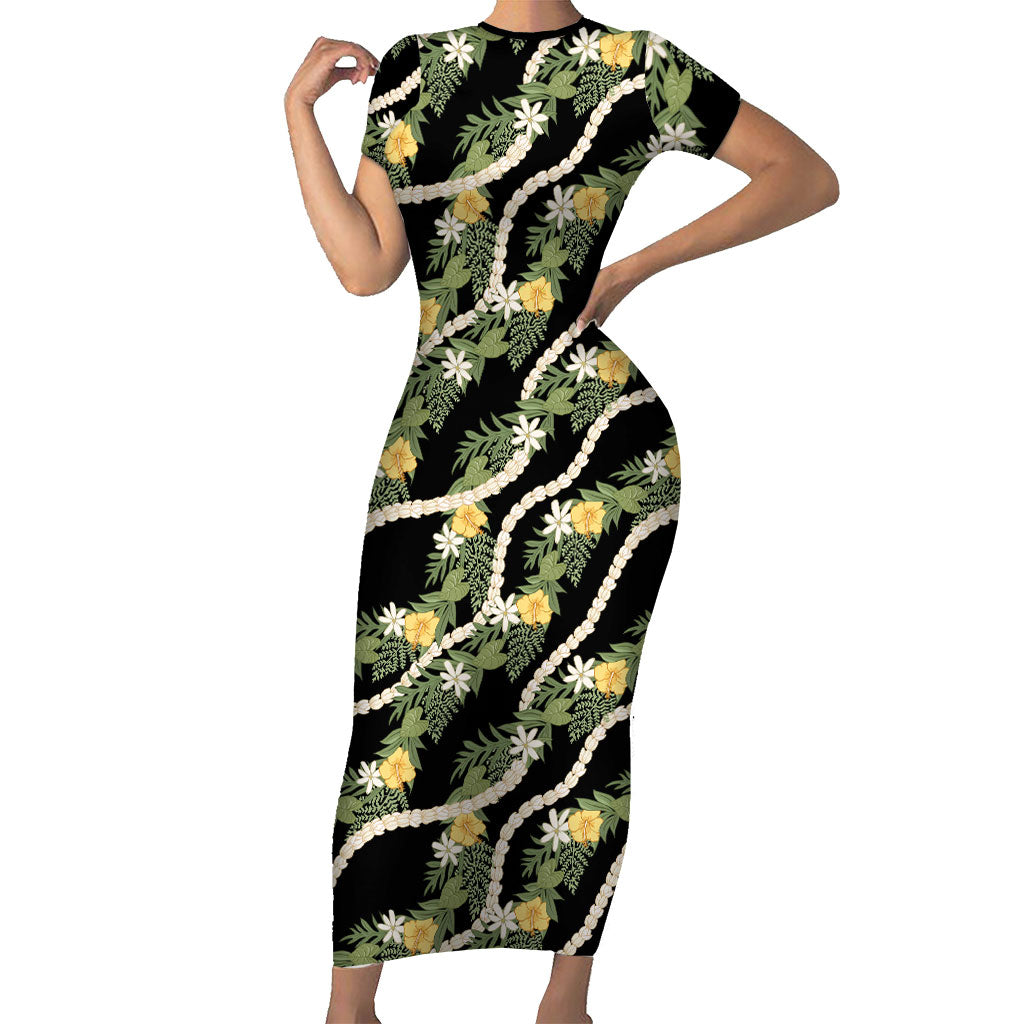 Hawaiian Pikake Maile Lei Short Sleeve Bodycon Dress Tiare Hibiscus Kalo Palapalai Leaf Black