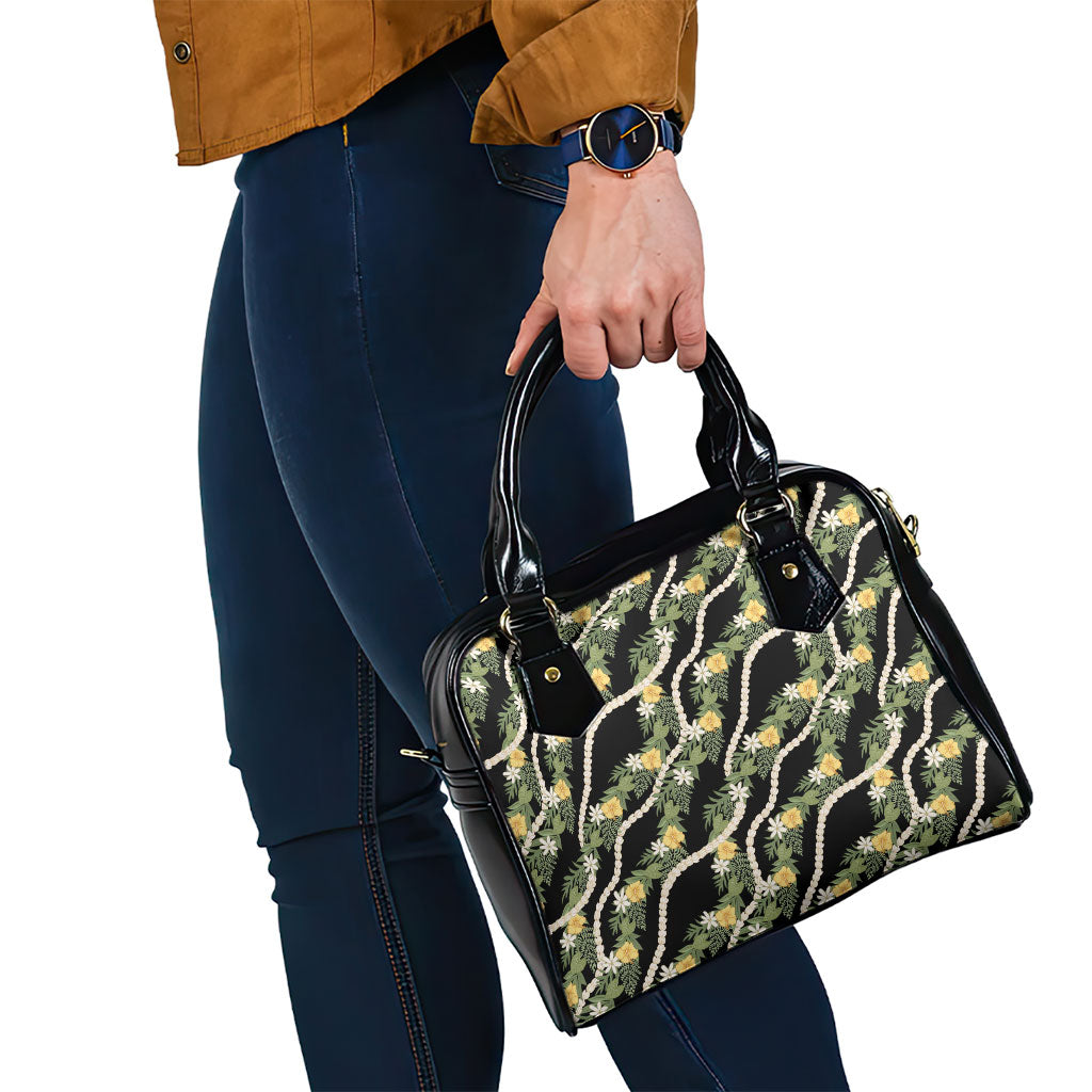 Hawaiian Pikake Maile Lei Shoulder Handbag Tiare Hibiscus Kalo Palapalai Leaf Black LT19 - Polynesian Pride