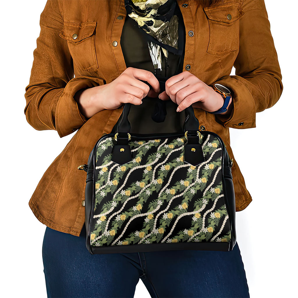 Hawaiian Pikake Maile Lei Shoulder Handbag Tiare Hibiscus Kalo Palapalai Leaf Black LT19 - Polynesian Pride