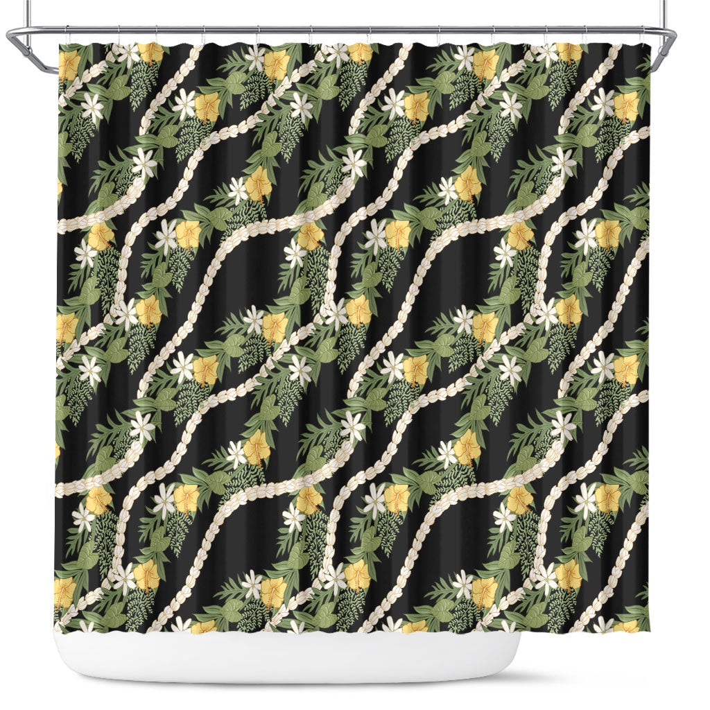 Hawaiian Pikake Maile Lei Shower Curtain Tiare Hibiscus Kalo Palapalai Leaf Black