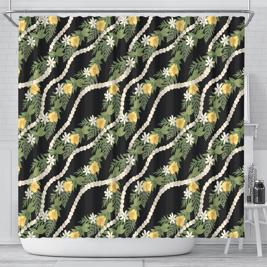 Hawaiian Pikake Maile Lei Shower Curtain Tiare Hibiscus Kalo Palapalai Leaf Black