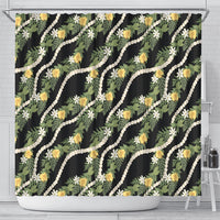 Hawaiian Pikake Maile Lei Shower Curtain Tiare Hibiscus Kalo Palapalai Leaf Black