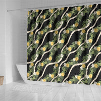 Hawaiian Pikake Maile Lei Shower Curtain Tiare Hibiscus Kalo Palapalai Leaf Black