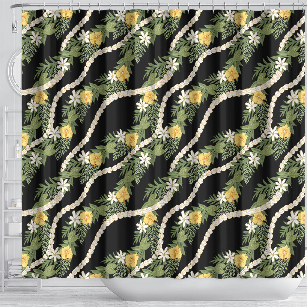 Hawaiian Pikake Maile Lei Shower Curtain Tiare Hibiscus Kalo Palapalai Leaf Black