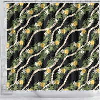 Hawaiian Pikake Maile Lei Shower Curtain Tiare Hibiscus Kalo Palapalai Leaf Black