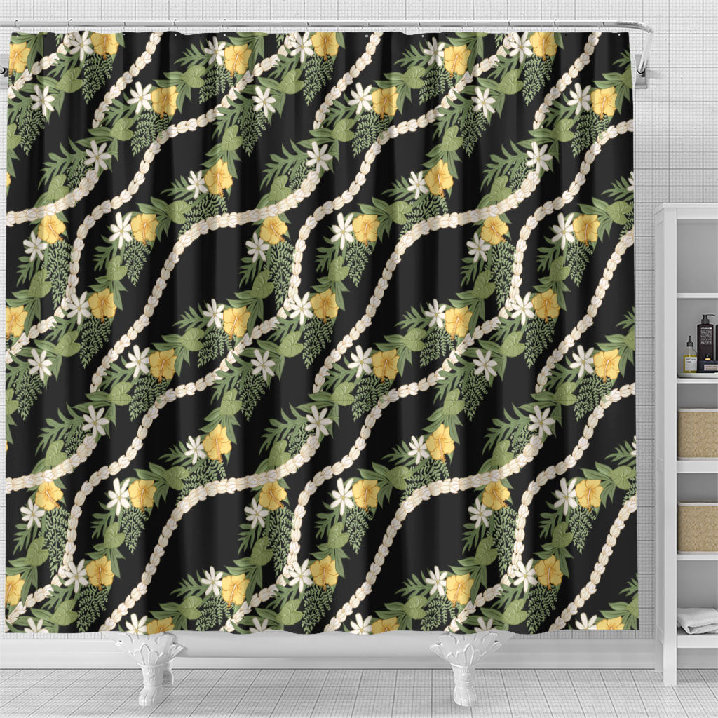 Hawaiian Pikake Maile Lei Shower Curtain Tiare Hibiscus Kalo Palapalai Leaf Black