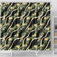 Hawaiian Pikake Maile Lei Shower Curtain Tiare Hibiscus Kalo Palapalai Leaf Black