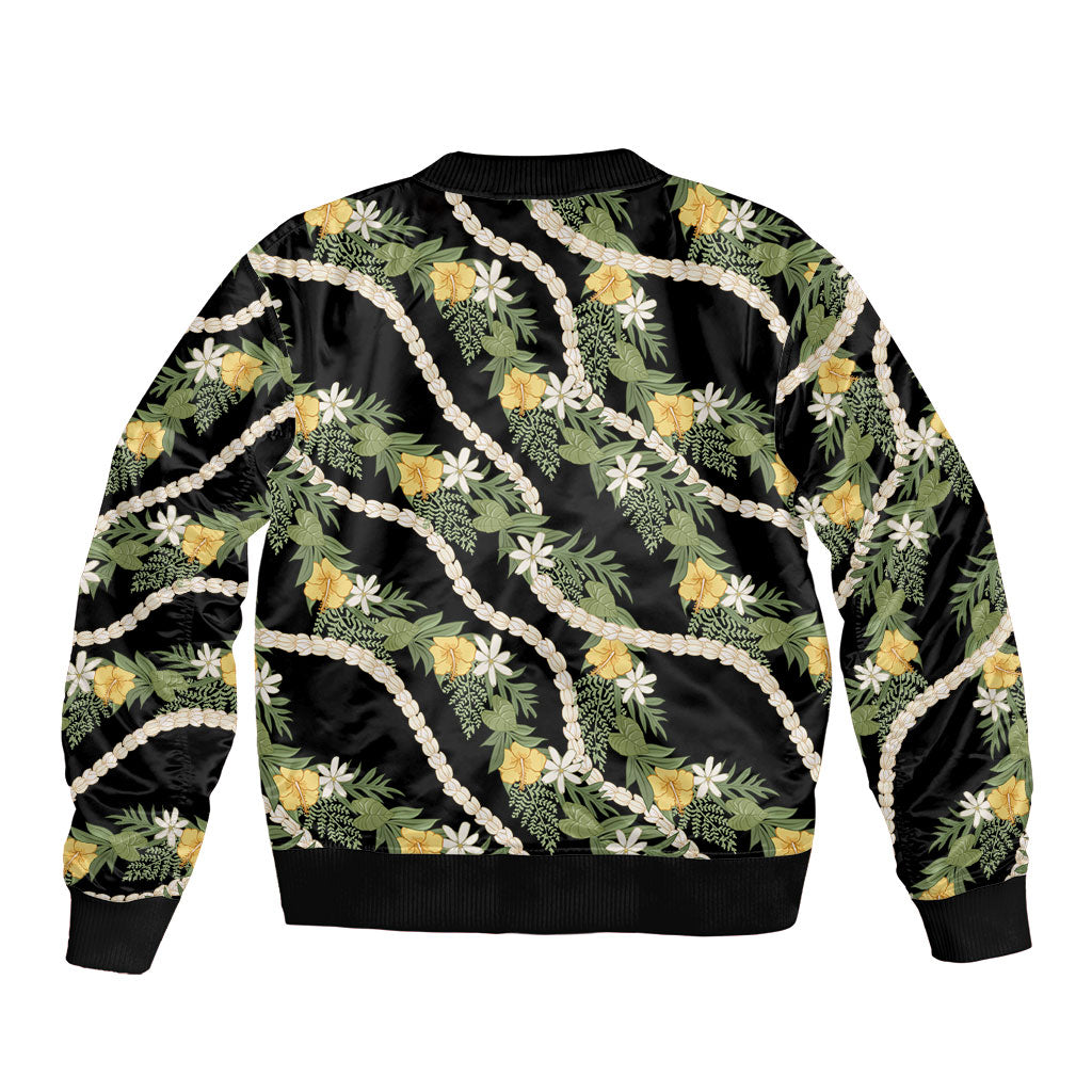Hawaiian Pikake Maile Lei Sleeve Zip Bomber Jacket Tiare Hibiscus Kalo Palapalai Leaf Black LT19 - Polynesian Pride
