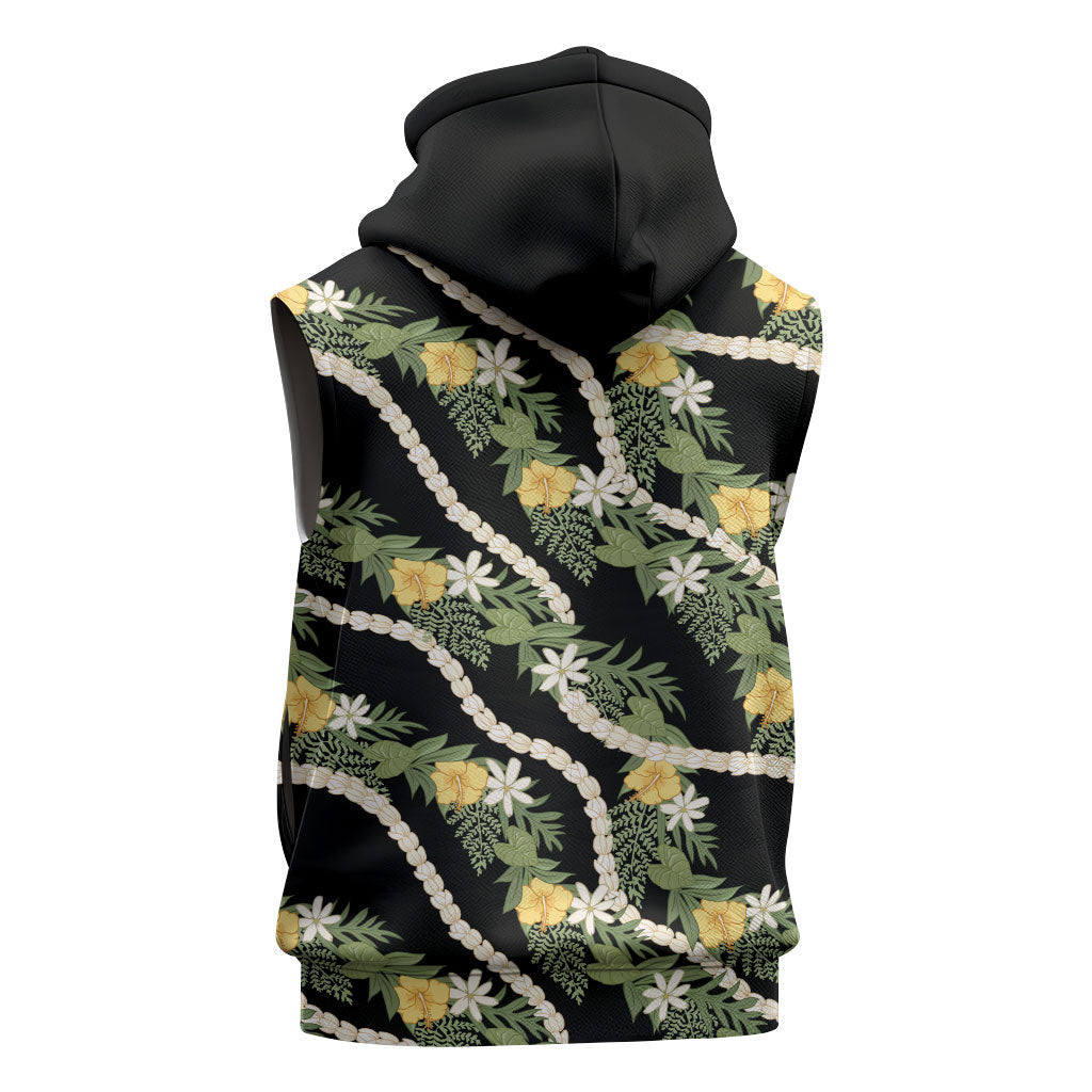 Hawaiian Pikake Maile Lei Sleeveless Zip Hoodie Tiare Hibiscus Kalo Palapalai Leaf Black