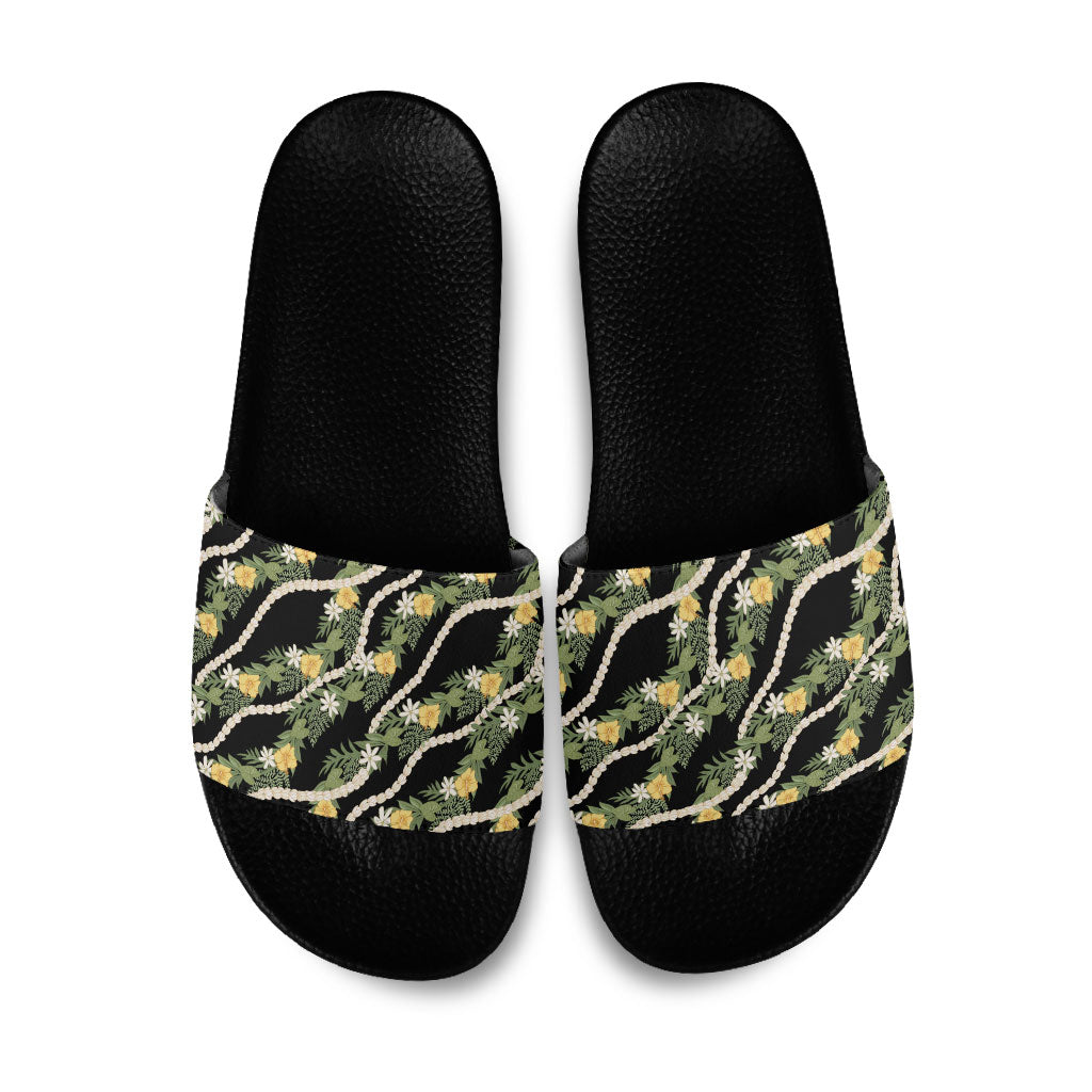 Hawaiian Pikake Maile Lei Slide Sandals Tiare Hibiscus Kalo Palapalai Leaf Black LT19 Black - Polynesian Pride