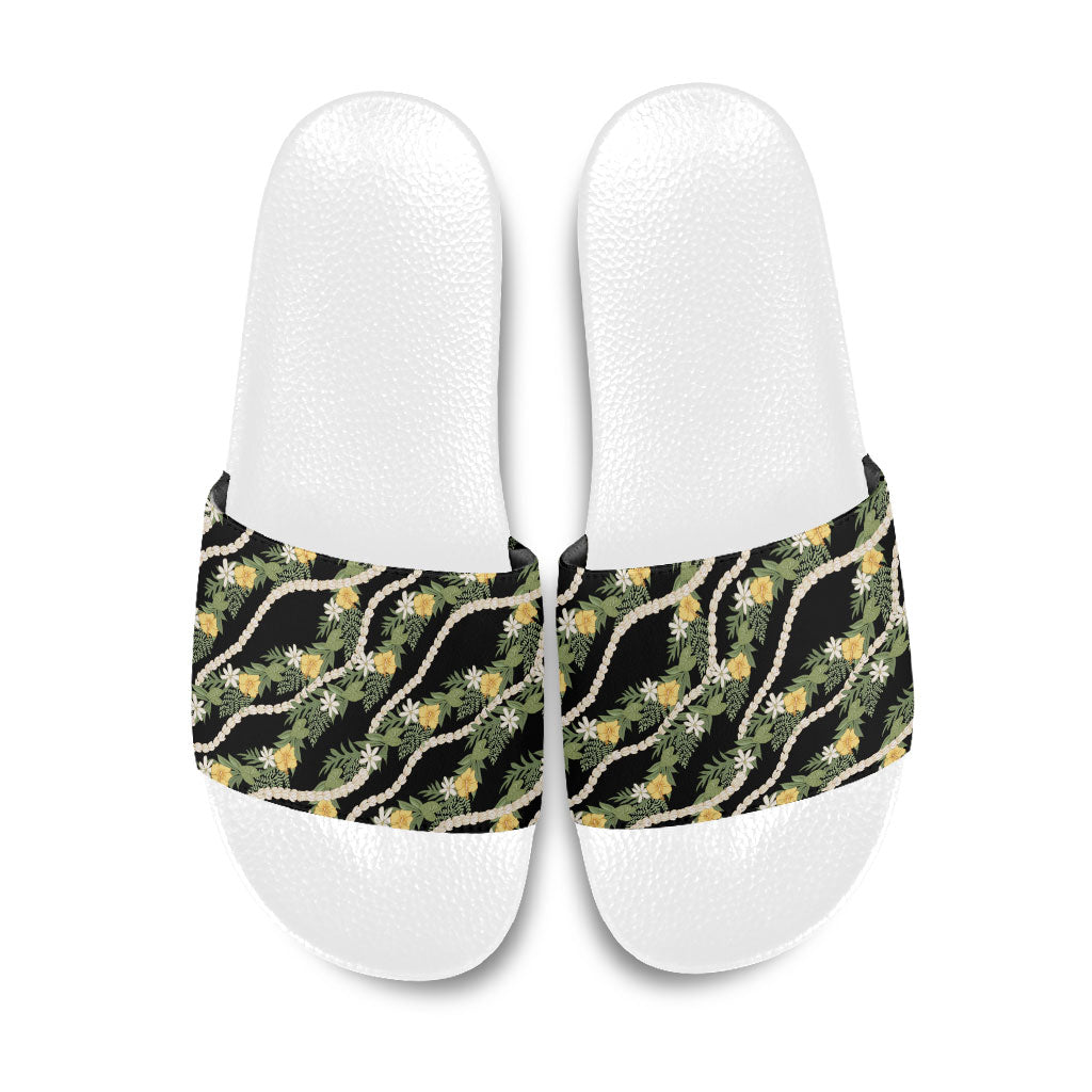 Hawaiian Pikake Maile Lei Slide Sandals Tiare Hibiscus Kalo Palapalai Leaf Black LT19 Black - Polynesian Pride