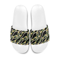 Hawaiian Pikake Maile Lei Slide Sandals Tiare Hibiscus Kalo Palapalai Leaf Black LT19 Black - Polynesian Pride