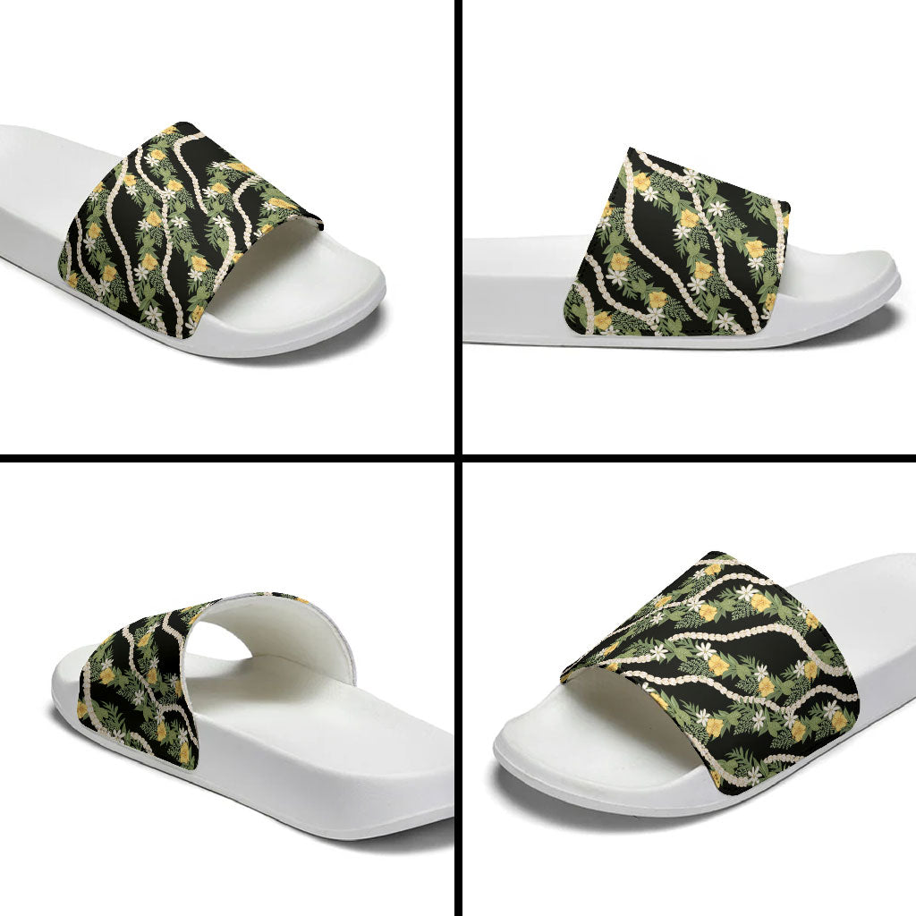 Hawaiian Pikake Maile Lei Slide Sandals Tiare Hibiscus Kalo Palapalai Leaf Black LT19 - Polynesian Pride