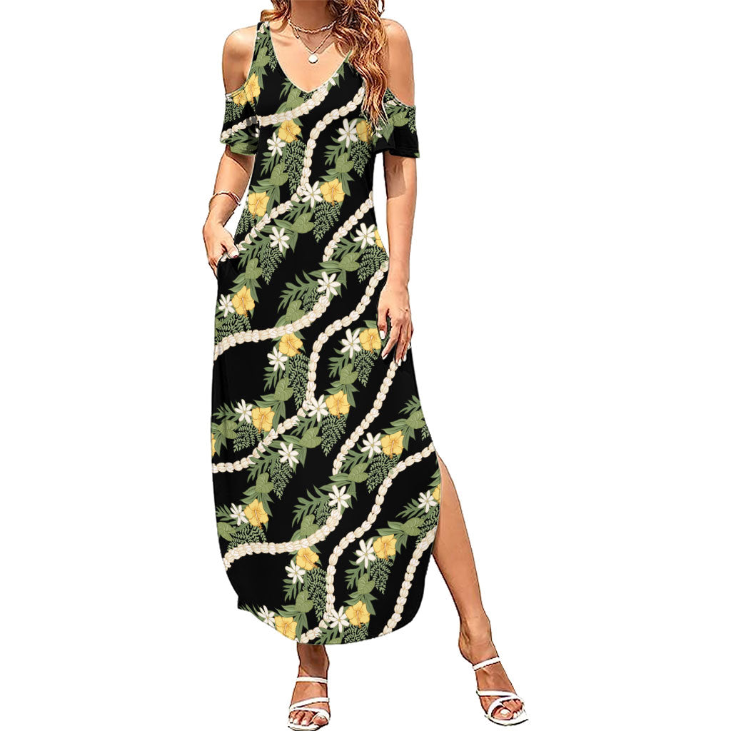 Hawaiian Pikake Maile Lei Summer Maxi Dress Tiare Hibiscus Kalo Palapalai Leaf Black LT19 Women Black - Polynesian Pride