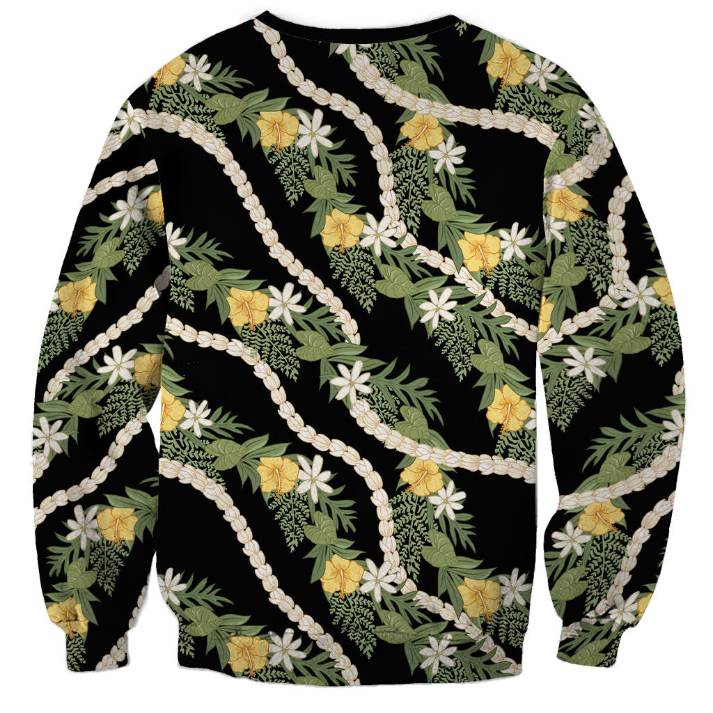 Hawaiian Pikake Maile Lei Sweatshirt Tiare Hibiscus Kalo Palapalai Leaf Black LT19 - Polynesian Pride