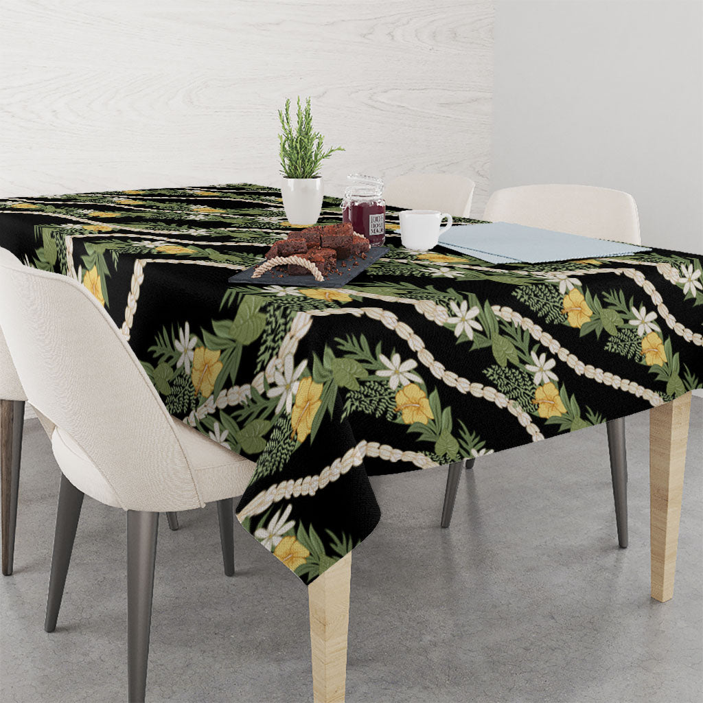 Hawaiian Pikake Maile Lei Tablecloth Tiare Hibiscus Kalo Palapalai Leaf Black LT19 - Polynesian Pride