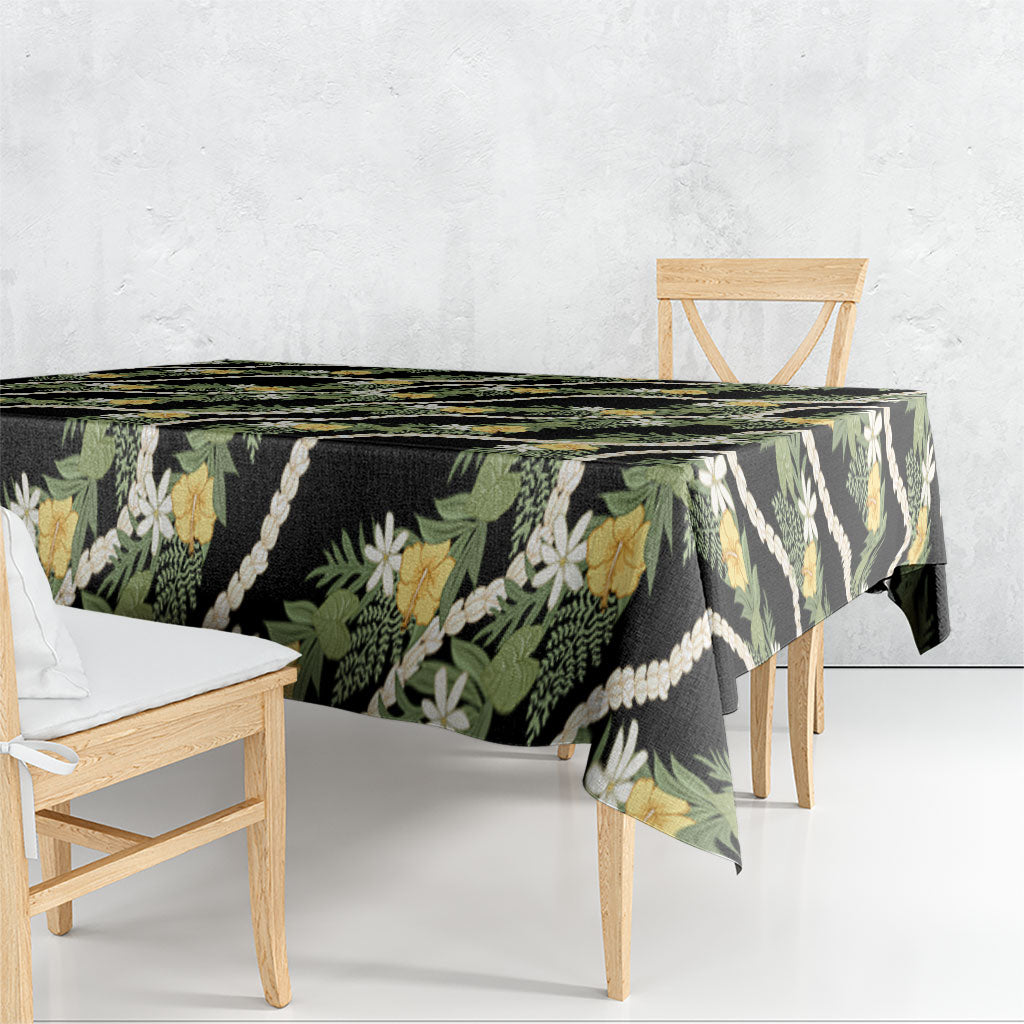 Hawaiian Pikake Maile Lei Tablecloth Tiare Hibiscus Kalo Palapalai Leaf Black LT19 - Polynesian Pride
