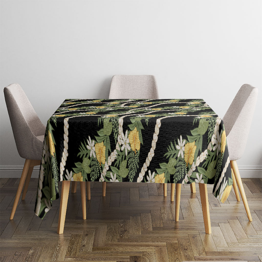 Hawaiian Pikake Maile Lei Tablecloth Tiare Hibiscus Kalo Palapalai Leaf Black LT19 - Polynesian Pride