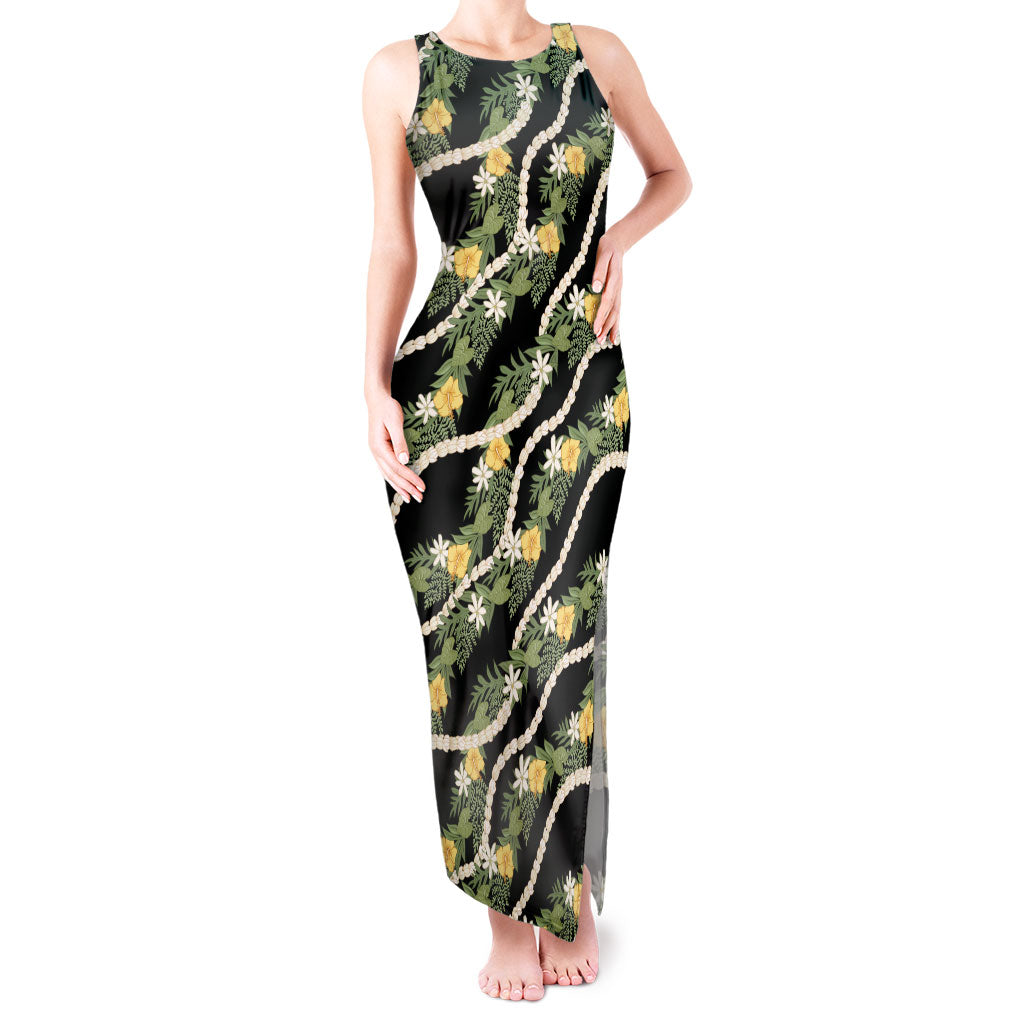 Hawaiian Pikake Maile Lei Tank Maxi Dress Tiare Hibiscus Kalo Palapalai Leaf Black LT19 Women Black - Polynesian Pride