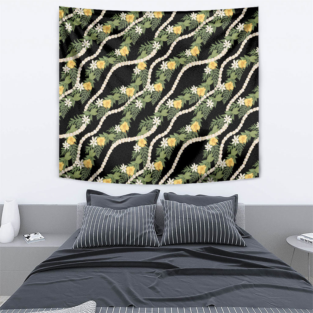 Hawaiian Pikake Maile Lei Tapestry Tiare Hibiscus Kalo Palapalai Leaf Black LT19 - Polynesian Pride