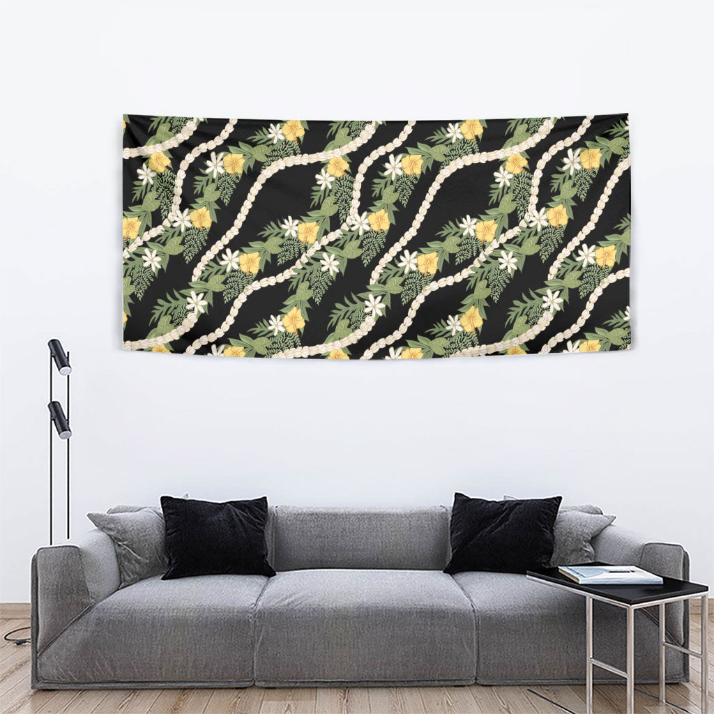 Hawaiian Pikake Maile Lei Tapestry Tiare Hibiscus Kalo Palapalai Leaf Black LT19 - Polynesian Pride