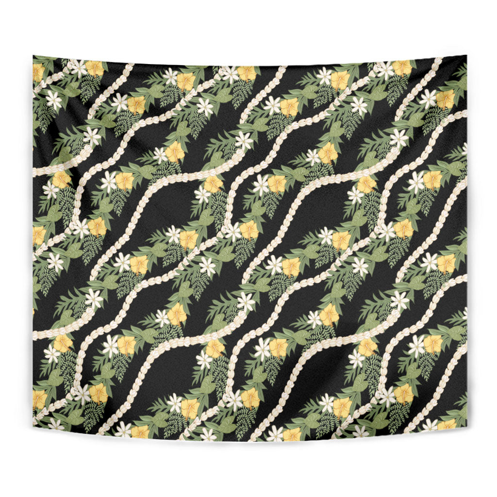 Hawaiian Pikake Maile Lei Tapestry Tiare Hibiscus Kalo Palapalai Leaf Black LT19 - Polynesian Pride