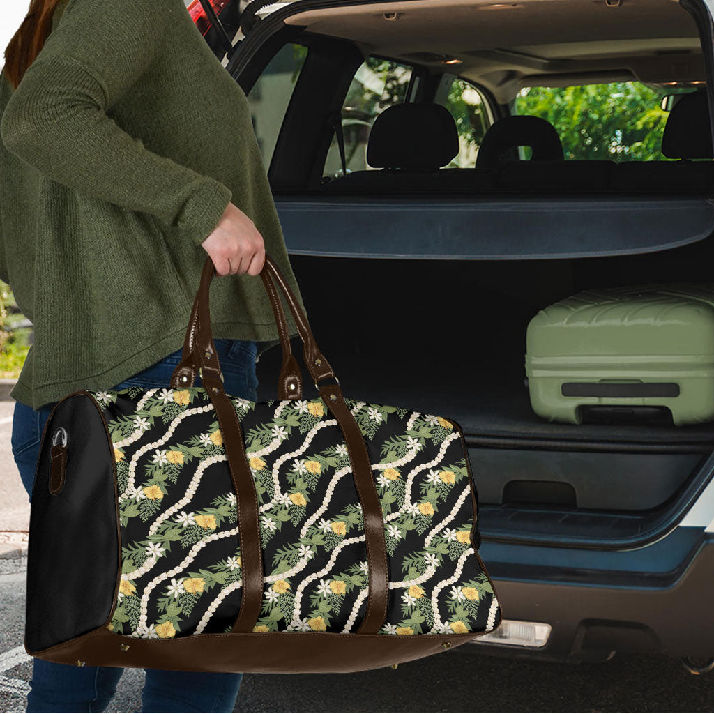Hawaiian Pikake Maile Lei Travel Bag Tiare Hibiscus Kalo Palapalai Leaf Black LT19 - Polynesian Pride