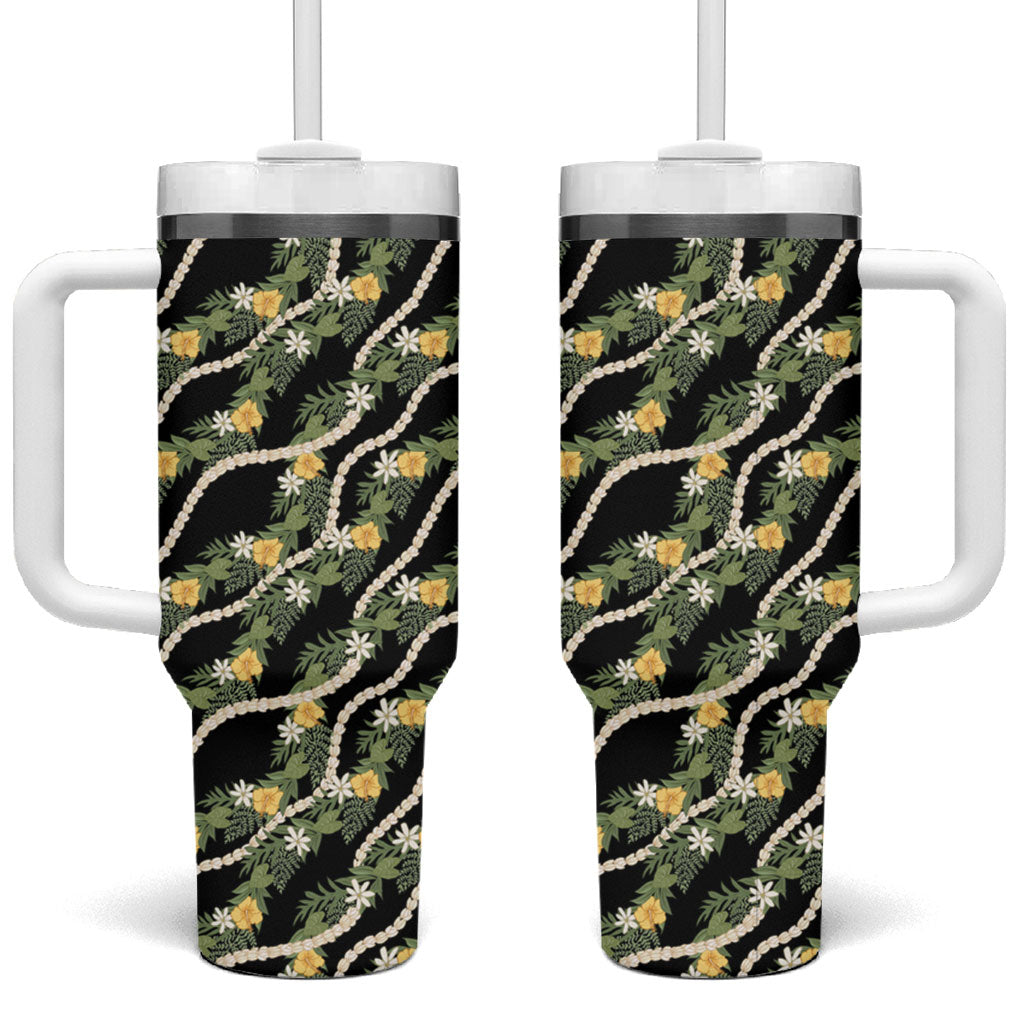 Hawaiian Pikake Maile Lei Tumbler With Handle Tiare Hibiscus Kalo Palapalai Leaf Black LT19 One Size: 40 oz Black - Polynesian Pride