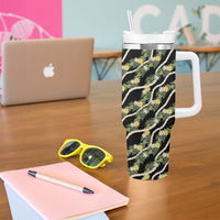 Hawaiian Pikake Maile Lei Tumbler With Handle Tiare Hibiscus Kalo Palapalai Leaf Black LT19 - Polynesian Pride