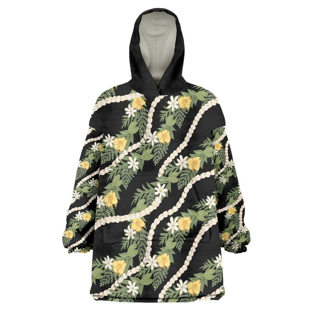 Hawaiian Pikake Maile Lei Wearable Blanket Hoodie Tiare Hibiscus Kalo Palapalai Leaf Black