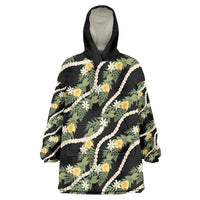 Hawaiian Pikake Maile Lei Wearable Blanket Hoodie Tiare Hibiscus Kalo Palapalai Leaf Black