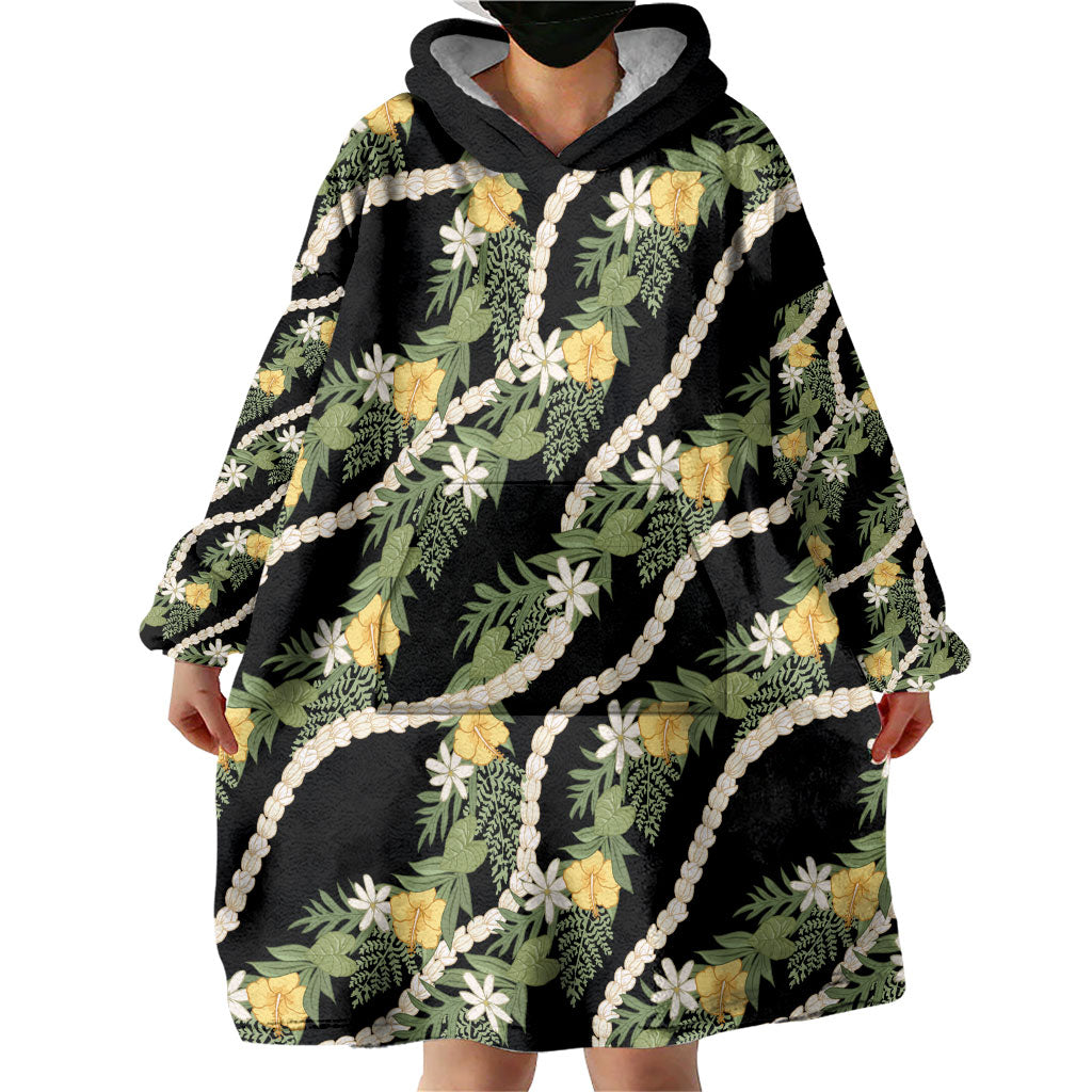 Hawaiian Pikake Maile Lei Wearable Blanket Hoodie Tiare Hibiscus Kalo Palapalai Leaf Black