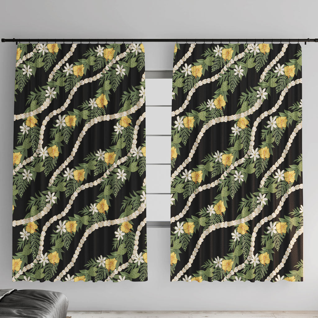 Hawaiian Pikake Maile Lei Window Curtain Tiare Hibiscus Kalo Palapalai Leaf Black