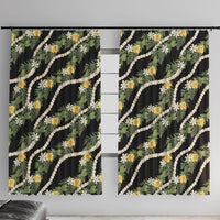 Hawaiian Pikake Maile Lei Window Curtain Tiare Hibiscus Kalo Palapalai Leaf Black
